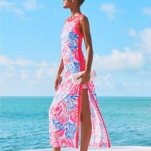 Elegant Red and Blue Floral Swim Coverup